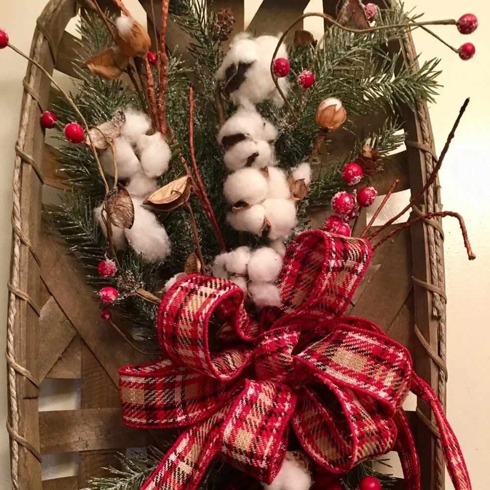 New Farmhouse Christmas Floral Plaid Rustic Winter Cotton Tobacco Basket